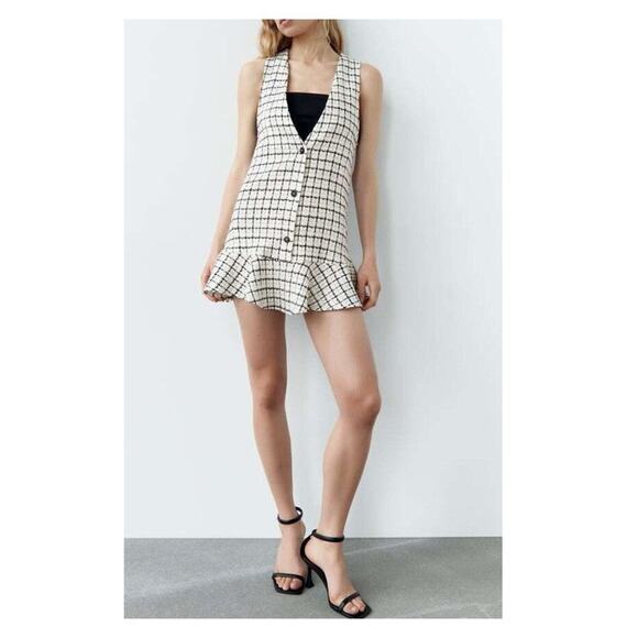 ZARA Tweed Pinafore Ruffle Hem Mini Dress XS - Picture 8 of 8